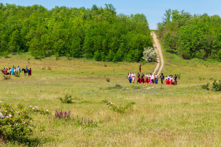 Dnepropetrovsk region, Ukraine - June 2, 2018: Ethno-rock festival Kozak Fest. Reenactment of Battle of Zhovti Vody between cossacks in alliance with Crimean tatars and Polish forcesのeditorial素材
