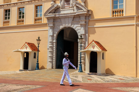 Monaco-Ville, Monaco - May 18, 2023: Guard at Prince's Palace of Monaco