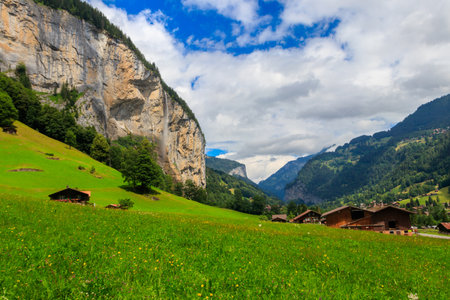 View of Lauterbrunnen Valley in Bernese Oberland, Switzerland. Switzerland nature and travel. Alpine sceneryの写真素材