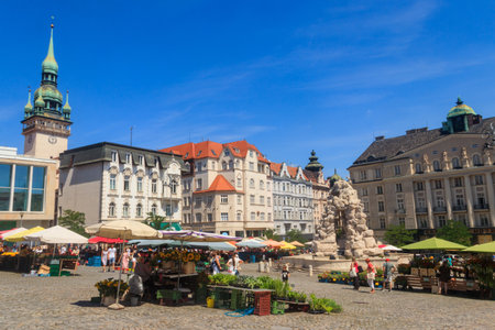 Brno, Czech Republic - July 26, 2024: Zelny Trh (Cabbage Market square) with Parnas Fountain is the...