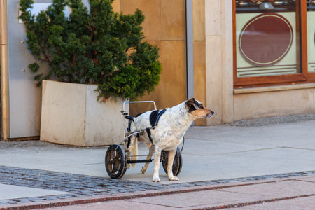 Disabled dog using a wheelchair for a walk on streetの写真素材
