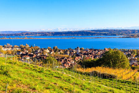 View of La Neuveville town and Lake Biel, Switzerlandの写真素材