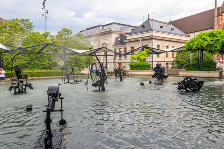 Basel, Switzerland - May 23, 2022: Tinguely fountain, also known as Carnival Fountain in the center of Basel, Switzerland. Created in 1977 by Jean Tinguelyのeditorial素材
