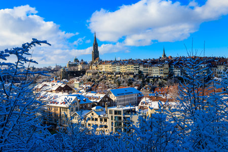 View of the Aare river and old town of Bern at winter in Switzerlandの写真素材