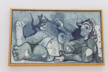 Riehen, Switzerland - August 26, 2024: Artwork "Reclining Nude Playing with a Cat" 1964 by Pablo Picasso in Beyeler Foundation, the art museum in Riehen, Switzerlandのeditorial素材