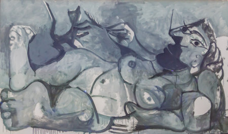 Riehen, Switzerland - August 26, 2024: Artwork "Reclining Nude Playing with a Cat" 1964 by Pablo Picasso in Beyeler Foundation, the art museum in Riehen, Switzerlandのeditorial素材