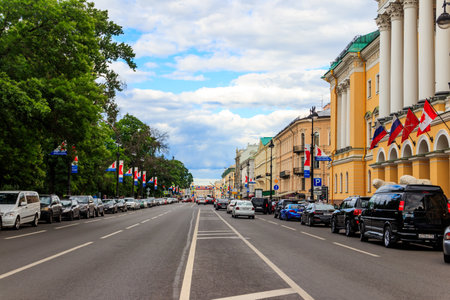 St. Petersburg, Russia - June 24, 2019: Traffic on a busy city street in the center of Saint Petersburg, Russiaのeditorial素材
