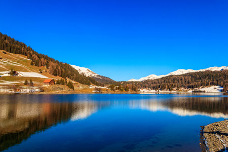 View of Davos lake in Graubunden canton, Switzerlandの写真素材