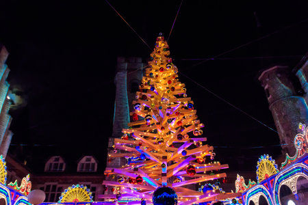 Christmas tree in Christmas market in Swiss National Museum in Zurich, Switzerlandの写真素材