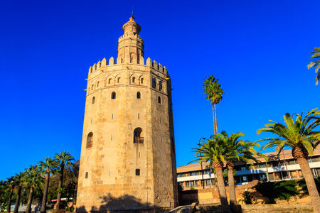 Torre del Oro, the Golden Tower in Seville, Andalusia, Spainの写真素材