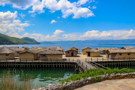 Museum on water, Bay of Bones, prehistoric pile-dwelling, recreation of a bronze age settlement on Lake Ohrid, North Macedoniaの写真素材