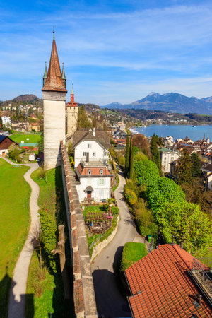 Top view on Lake Lucerne and old town with Musegg wall and towers in Lucerne city, Switzerlandの写真素材