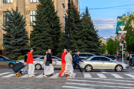 Kharkiv, Ukraine - May 5, 2021: Group of Hare Krishna people walking and singing on street in Kharkov, Ukraineのeditorial素材