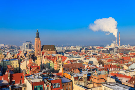 Amazing Wroclaw city view from Penitents Bridge of St. Mary Magdalene's Cathedral, Polandの写真素材