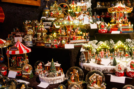 Christmas and New Year's toys in a store. Festive winter Christmas tradeの写真素材