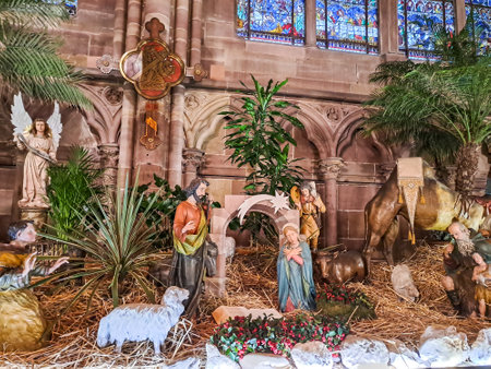 Christmas nativity scene in Cathedral of Our Lady of Strasbourg in Strasbourg, Franceの写真素材