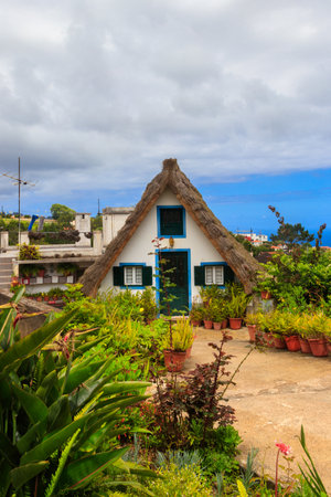 Traditional rural house with straw roof in Santana village, Madeira island, Portugalの写真素材