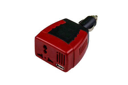 Red car inverter DC to AC isolated on a white backgroundの写真素材