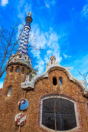 Fairytale gingerbread house in Park Guell designed by Antoni Gaudi in Barcelona, Spainの写真素材