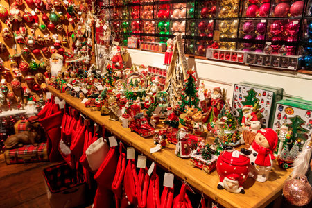 Christmas and New Year's toys in a store. Festive winter Christmas tradeの写真素材