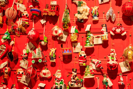 Christmas and New Year's toys in a store. Festive winter Christmas tradeの写真素材