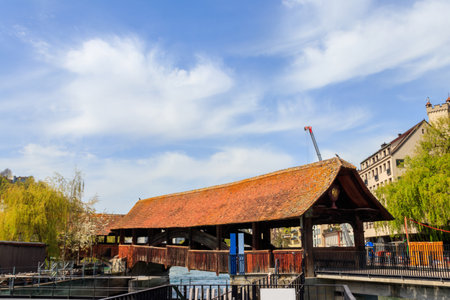 Spreuer bridge spanning the river Reuss in the city of Lucerne, Switzerlandの写真素材