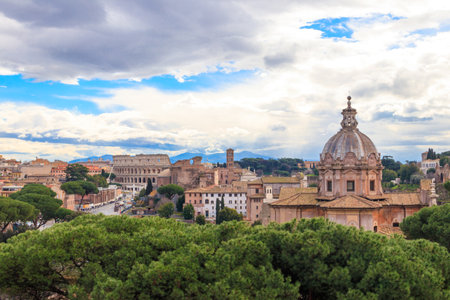 View of historical center of Rome with Colosseum from monument of Vittorio Emanuele Vittoriano observation deck, Italyの写真素材