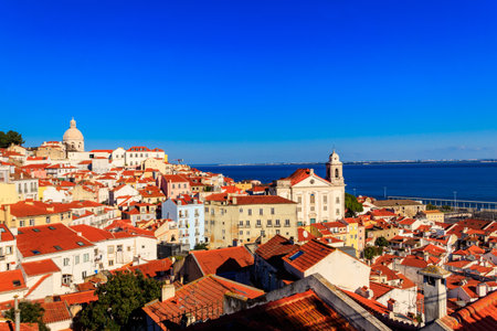 View of Alfama, the oldest neighborhood of Lisbon, from Santa Luzia viewpoint in Lisbon, Portugalの写真素材