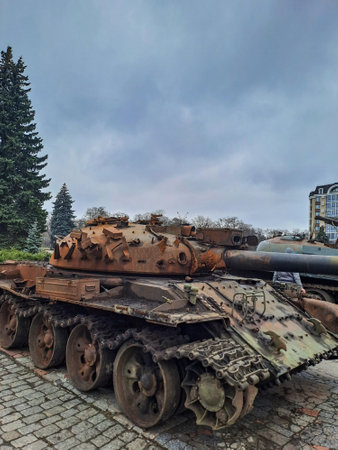Russian tank destroyed by the Ukrainian army in Ukraine. War in Ukraineの写真素材