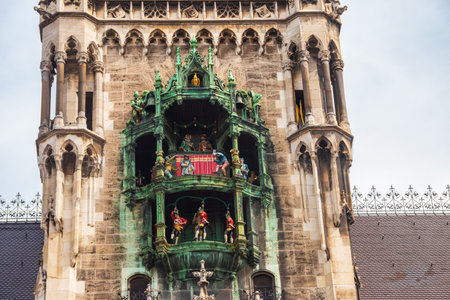 The Rathaus-Glockenspiel is a large mechanical clock located in Marienplatz Square, in Munich, Germanyの写真素材