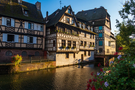 Traditional half-timbered houses on the canals district La Petite France in Strasbourg, Alsace, France. UNESCO World Heritage Siteの写真素材