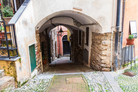 Narrow street in the old town of Sanremo, Italyの写真素材