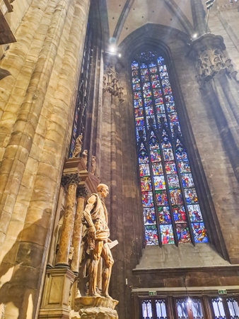 Inside Milan Cathedral, or Metropolitan Cathedral-Basilica of the Nativity of Saint Mary, in Milan, Lombardy, Italyの写真素材