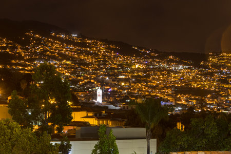 Aerial view of Funchal at night, Madeira Island, Portugalの写真素材