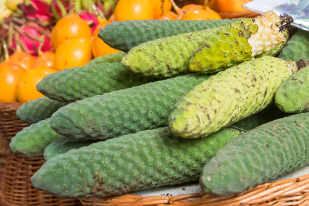 Delicious exotic fruits of Monstera deliciosa (banana pineapple, banana pineapple or ceriman) on traditional farmer market in Funchal, Madeira, Portugalの写真素材