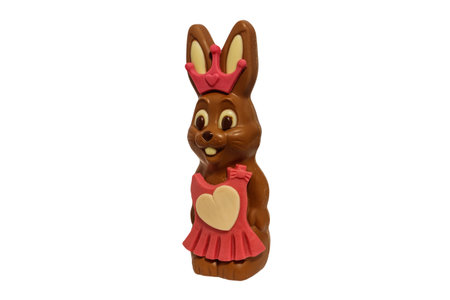 Chocolate easter bunny in a dress isolated on white backgroundの写真素材