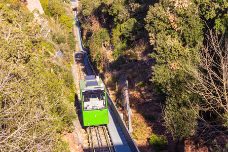 Funicular railway with view of monastery Santa Maria de Montserrat in Catalonia, Spainの写真素材