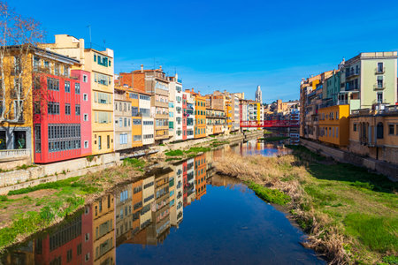 Colorful houses at the Onyar river in Girona, Spainの写真素材