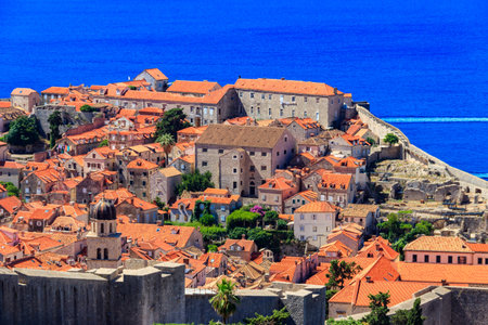 Aerial view of the old town of Dubrovnik and the Adriatic Sea, Croatiaの写真素材