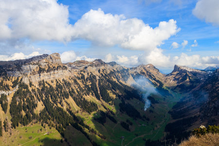 View of Justital (Justi Valley) from Niederhorn mountain in Beatenberg, Switzerlandの写真素材