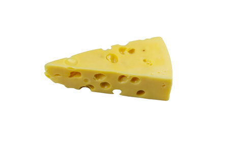 Piece of Swiss cheese isolated on white backgroundの写真素材