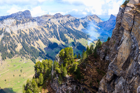 View of Justital (Justi Valley) from Niederhorn mountain in Beatenberg, Switzerlandの写真素材