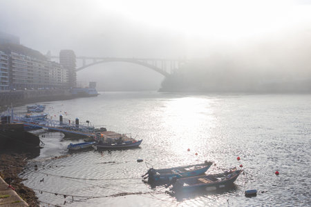 View of Arrabida Bridge over the Douro River in the morning mist in Porto, Portugal