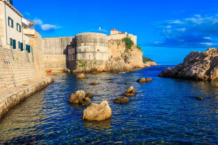 View of Fort Bokar, the city's ancient walls and the West Harbor in Dubrovnik, Croatiaの写真素材
