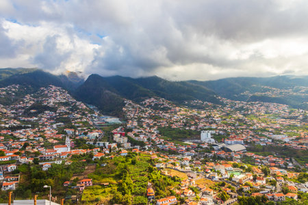 Panoramic view from Pico dos Barcelos viewpoint at Madeira island, Portugalの写真素材