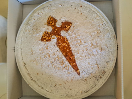 Tarta de Santiago (St. James cake) famous spanish almond cake typically made in Galicia and is easily recognized by its emblematic Cross of Santiago in the centerの写真素材