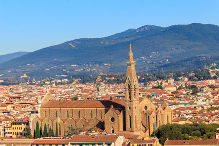 View of Basilica of Santa Croce from Piazzale Michelangelo in Florence, Italyの写真素材