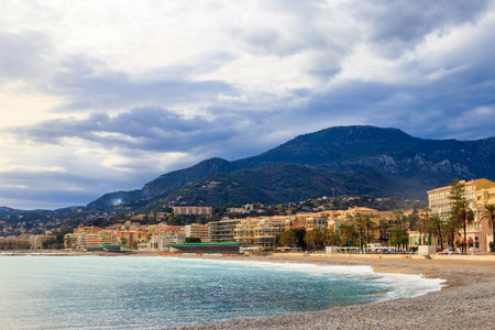 Beach of Mediterranean sea in Menton, French Riviera, Franceの写真素材