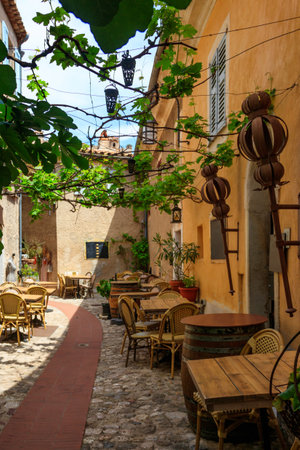 Narrow street in medieval Eze village in French Riviera, Franceの写真素材
