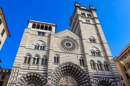 Facade of Cathedral of Saint Lawrence in Genoa, Italyの写真素材